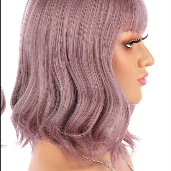 NEW Purple pink Short Wavy Bob with Bangs Wig - Picture 3 of 8